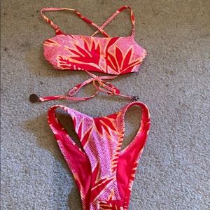 Aerie Red & Yellow Tropical Thong Swimsuit NWOT